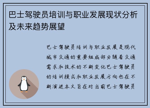 巴士驾驶员培训与职业发展现状分析及未来趋势展望
