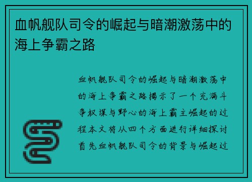 血帆舰队司令的崛起与暗潮激荡中的海上争霸之路